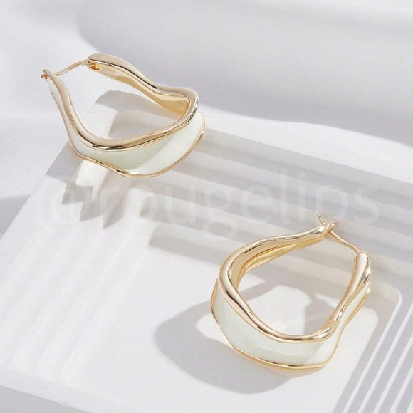 Yellow Gold Tone Irregular Shape Hoops Off White Filling - Picture 5 of 8
